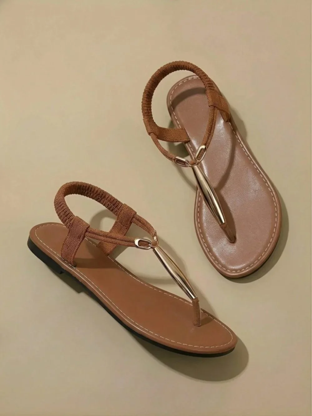 Cognac Brown T-Strap Flat Sandals with Gold Toe Bar